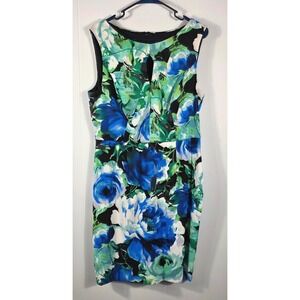 Connected Apparel Floral Sheath Dress Blue Green Black Keyhole Size 12